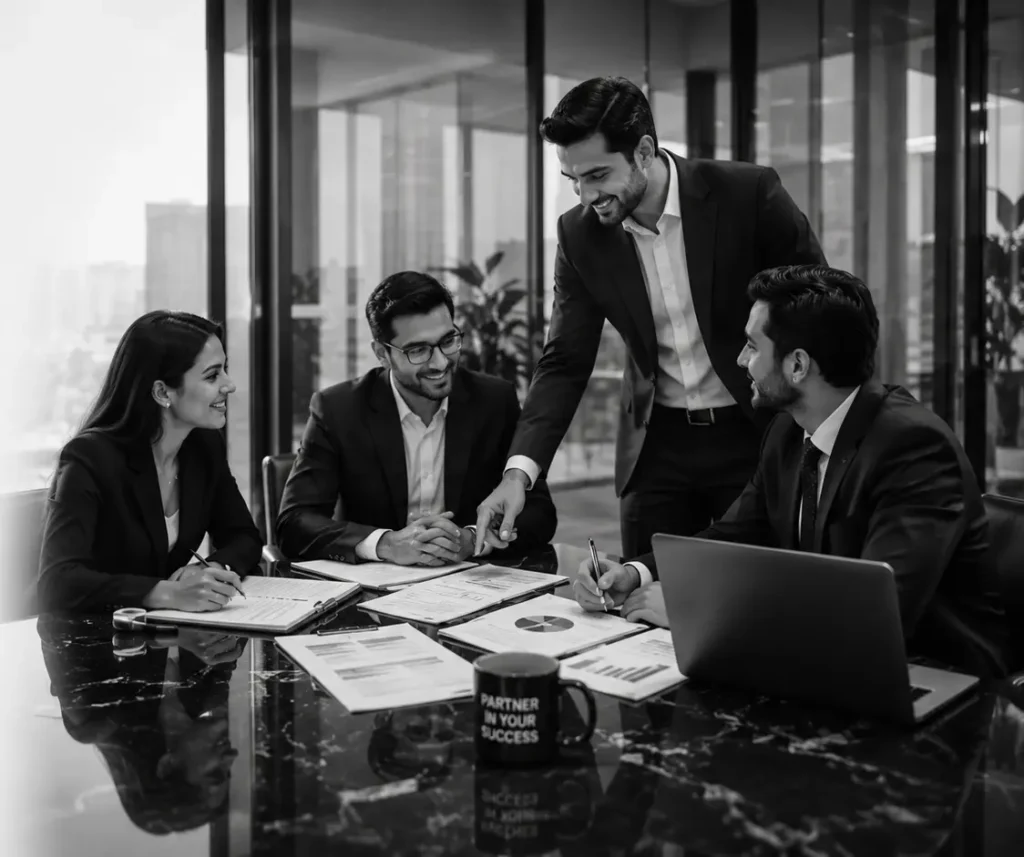 Professional accounting and bookkeeping experts discussing financial strategies and VAT compliance in a modern UAE corporate office.