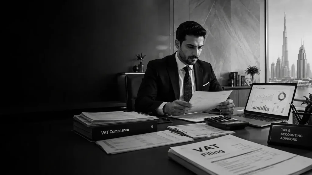 top accounting bookkeeping service Peovider in uae reviewing VAT filing documents and financial reports in a premium corporate office.