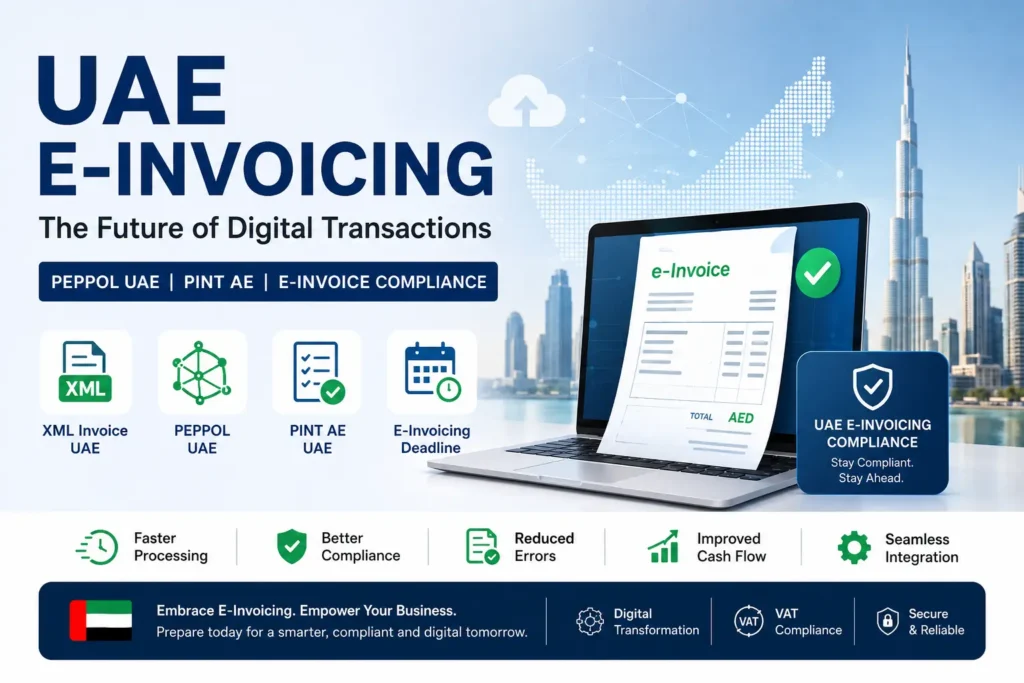 UAE e-invoicing system illustration showing PEPPOL UAE, PINT AE UAE, XML invoice UAE, e invoicing software UAE, and UAE e invoicing compliance for businesses in the UAE.
