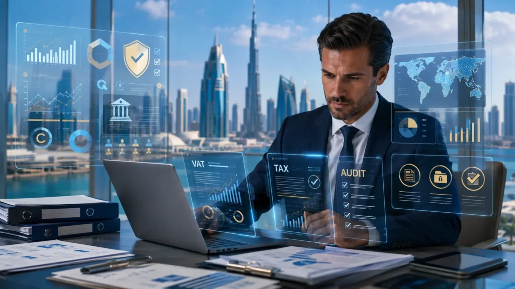 UAE business professional reviewing financial records and tax compliance documents during an FTA audit preparation process in 2026.
