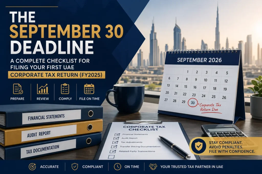 Checklist for filing the first UAE Corporate Tax Return (FY2025) before the September 30, 2026 deadline, featuring financial statements, audit report, transfer pricing documentation, and tax compliance.